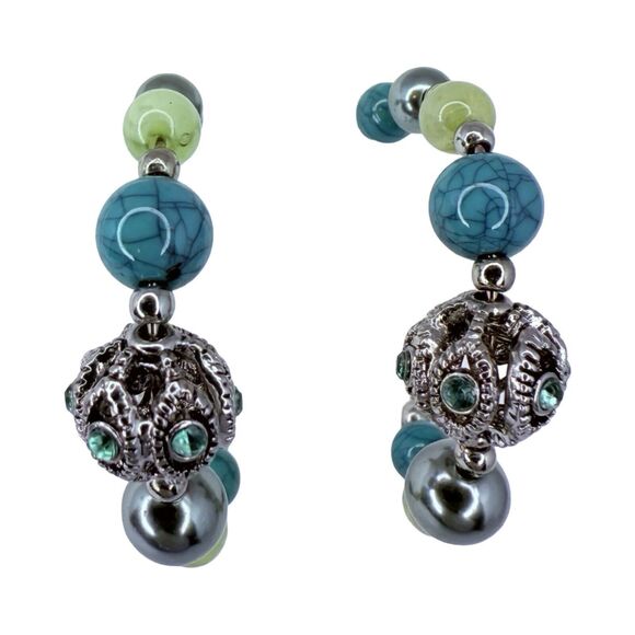 Blue Beaded Half Hoop Earrings 1.5" Silver Tone Bohemian Southwestern Native - Picture 4 of 12